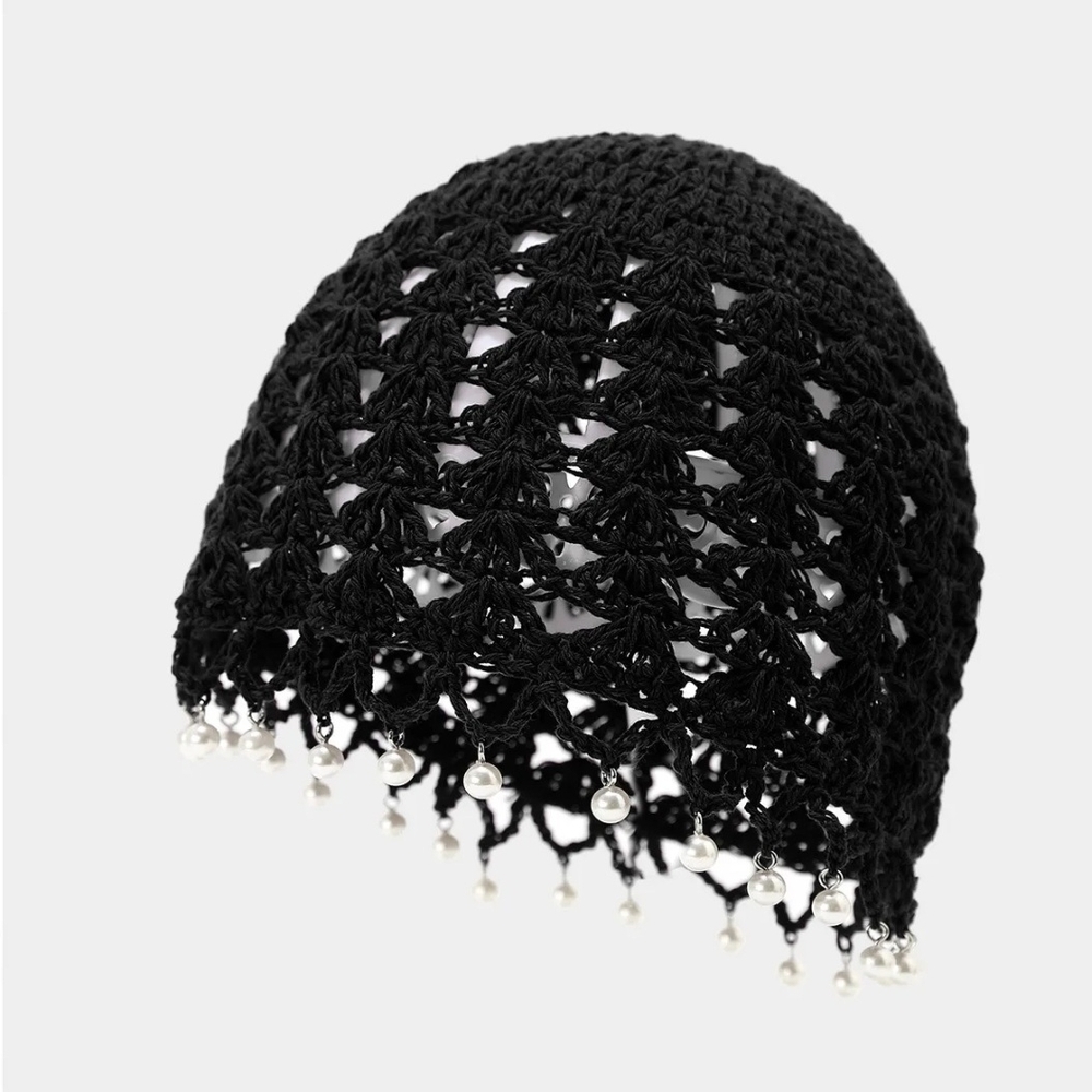 Black Crochet Beanie with Pearl Accents - Picture 4 of 13